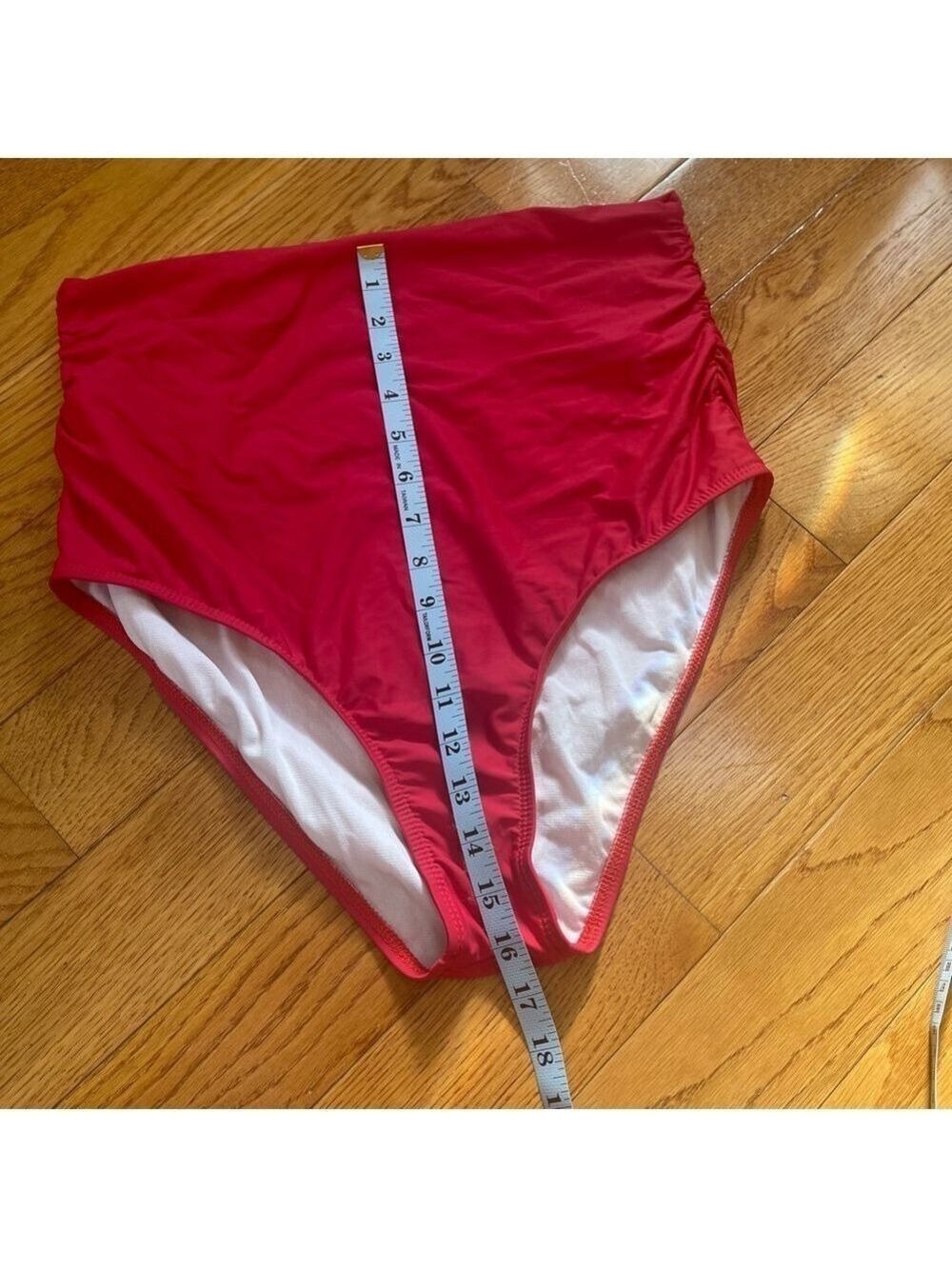 Athena Women's Red Solid Elastic High Waist Stretch Ruched Swimming Brief Sz L - Picture 3 of 7